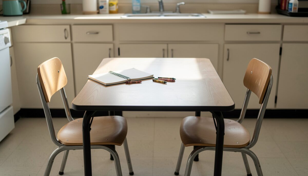 a small kitchen table after school with two chairs pulled close, a notebook and crayons laid out between them, afternoon light, no text