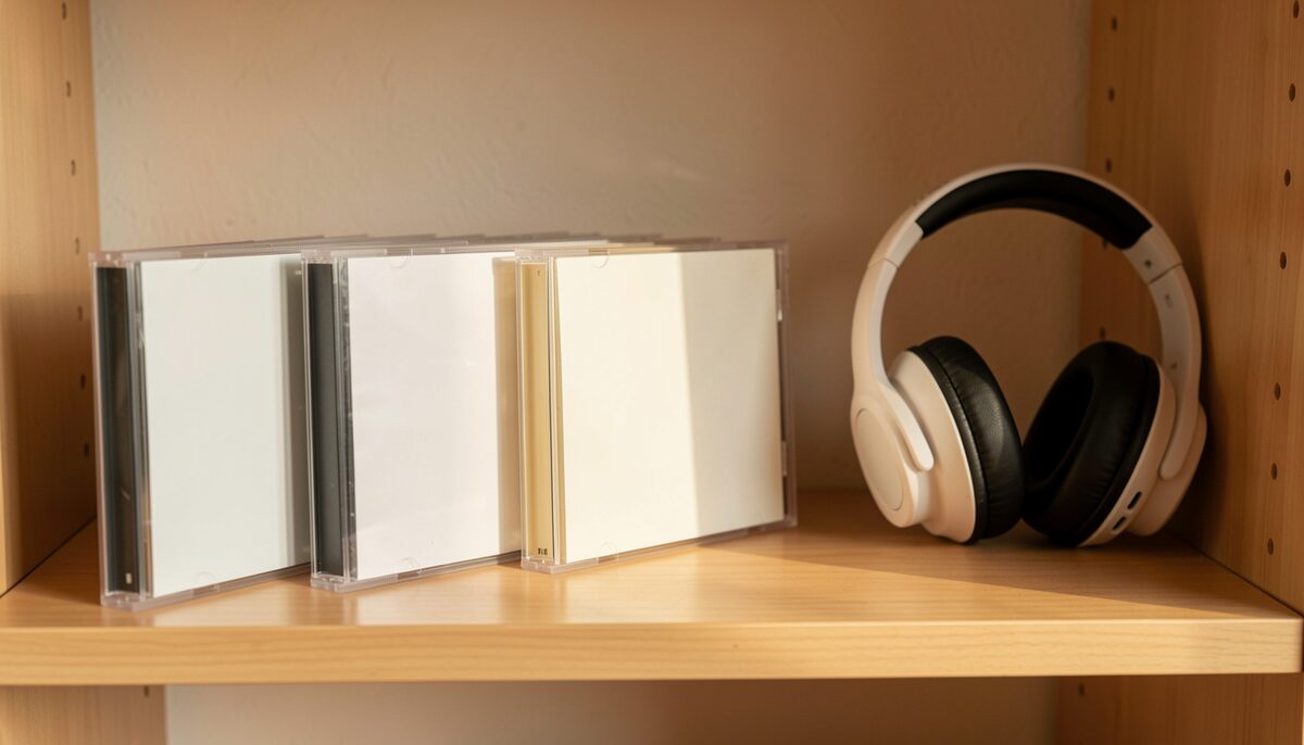 five audio CDs in jewel cases fanned on a shelf beside a pair of children's headphones, warm indoor light, blank covers