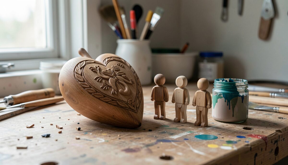 a carved wooden heart on a workbench beside three small wooden toy figures and a pot of paint, soft light, no text